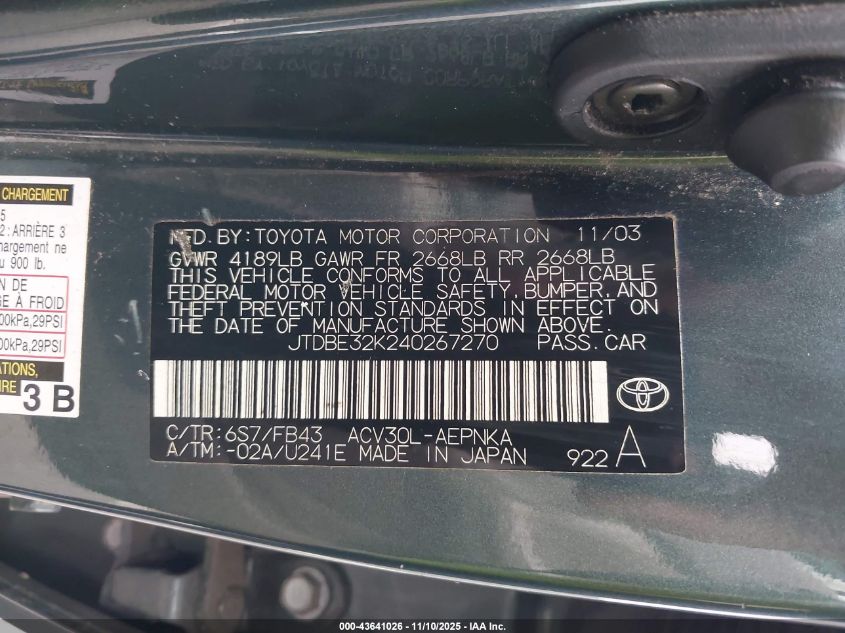 2004 Toyota Camry Le VIN: JTDBE32K240267270 Lot: 43641026