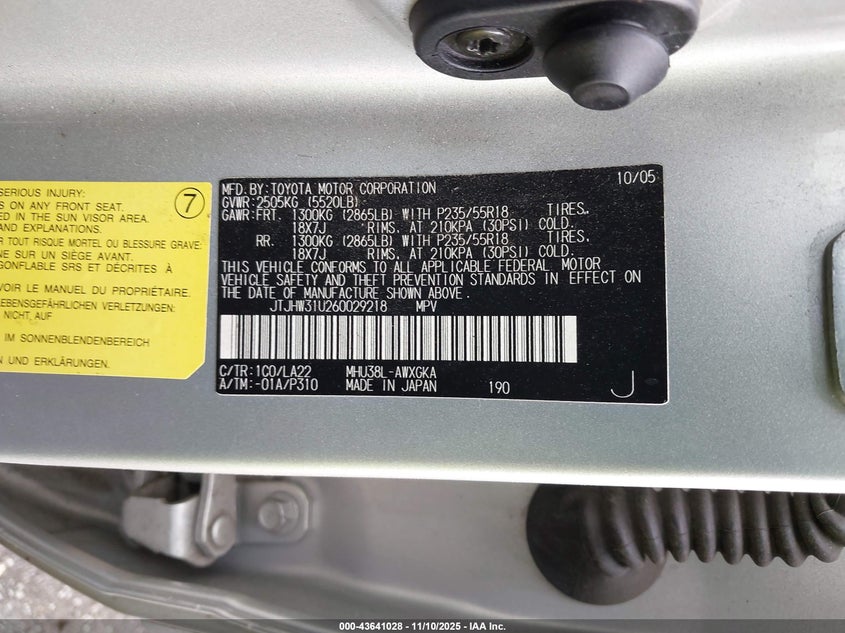 2006 Lexus Rx 400H VIN: JTJHW31U260029218 Lot: 43641028