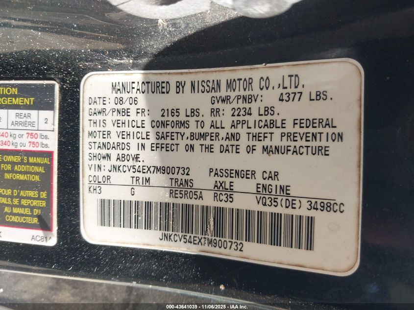 2007 Infiniti G35 VIN: JNKCV54EX7M900732 Lot: 43641039