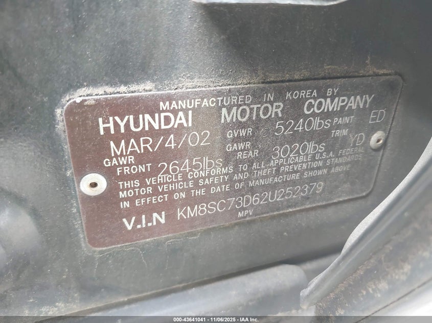 2002 Hyundai Santa Fe Gls/Lx VIN: KM8SC73D62U252379 Lot: 43641041