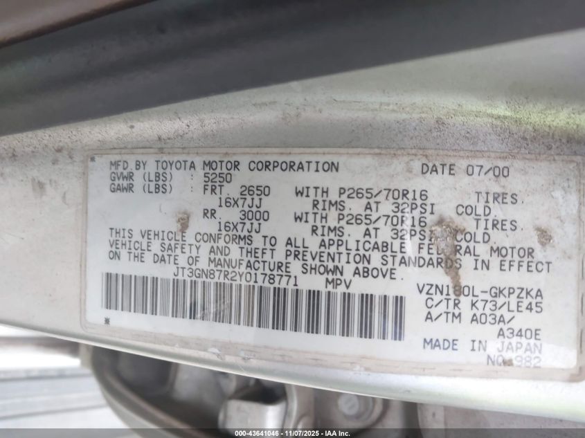 2000 Toyota 4Runner Limited V6 VIN: JT3GN87R2Y0178771 Lot: 43641046