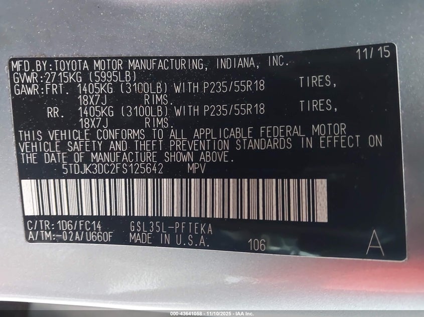 5TDJK3DC2FS125642 2015 TOYOTA SIENNA photo no. 9