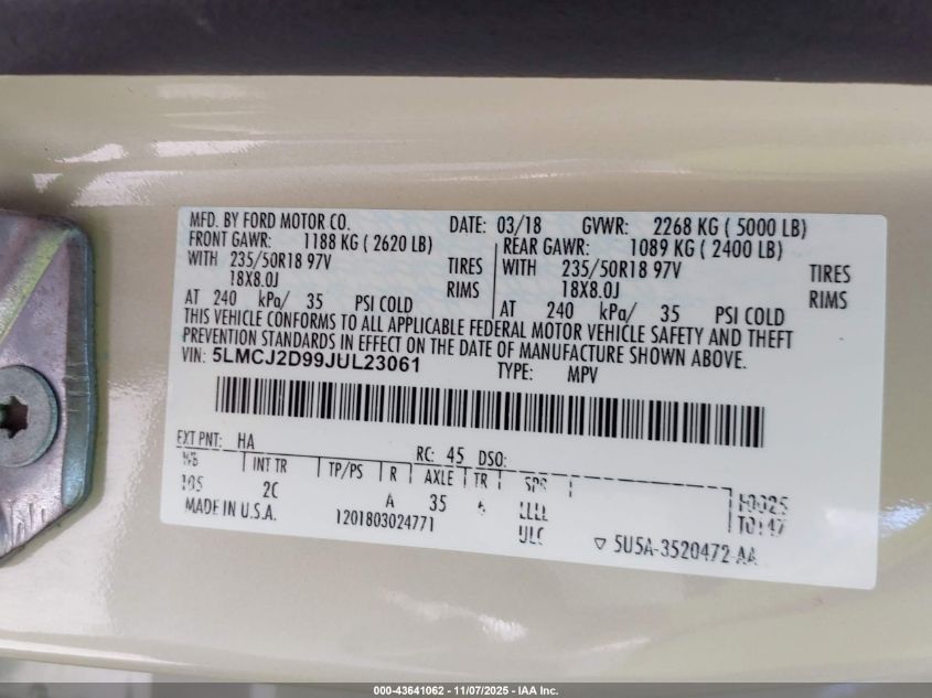 2018 Lincoln Mkc Select VIN: 5LMCJ2D99JUL23061 Lot: 43641062