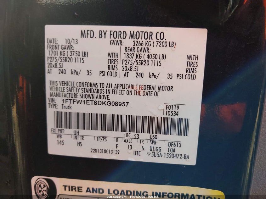 2013 FORD F-150 LARIAT 1FTFW1ET8DKG08957