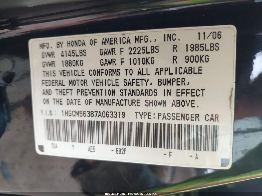 1HGCM56387A063319 2007 HONDA ACCORD photo no. 9