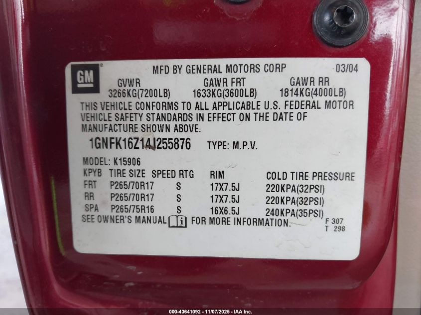 2004 Chevrolet Suburban 1500 Lt VIN: 1GNFK16Z14J255876 Lot: 43641092