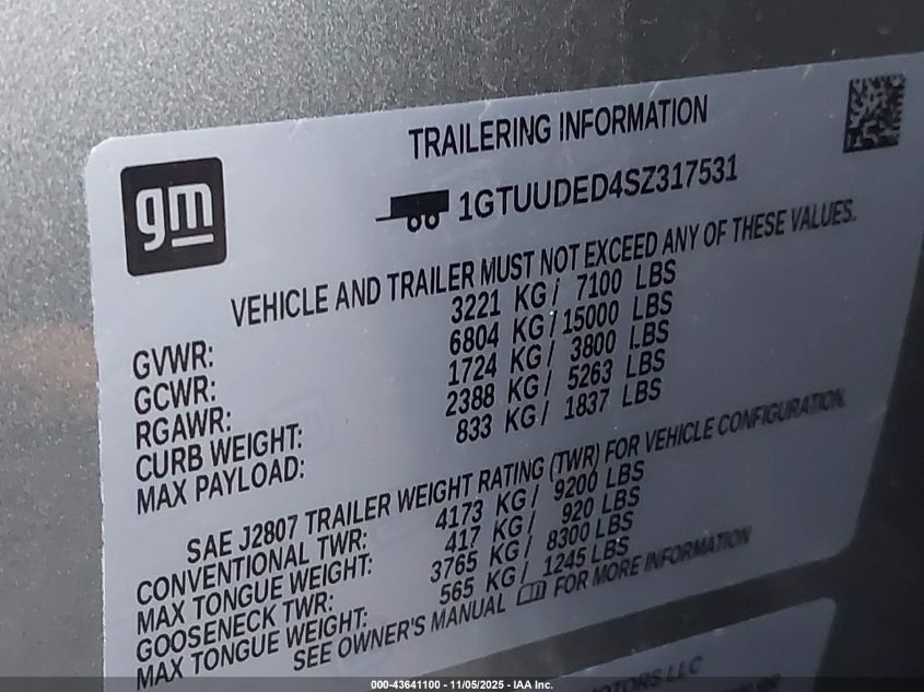 2025 GMC Sierra 1500 4Wd Short Box Slt VIN: 1GTUUDED4SZ317531 Lot: 43641100