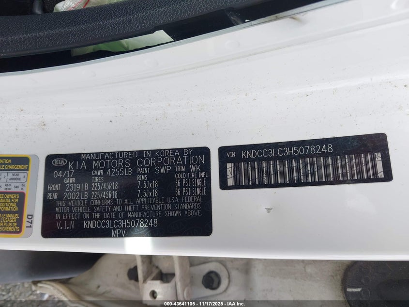 2017 Kia Niro Ex VIN: KNDCC3LC3H5078248 Lot: 43641105