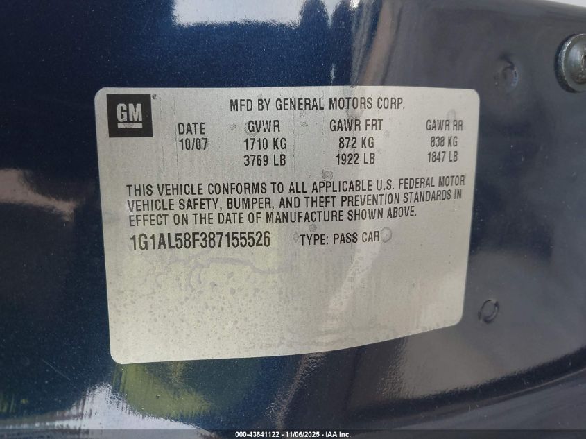 2008 Chevrolet Cobalt Lt VIN: 1G1AL58F387155526 Lot: 43641122