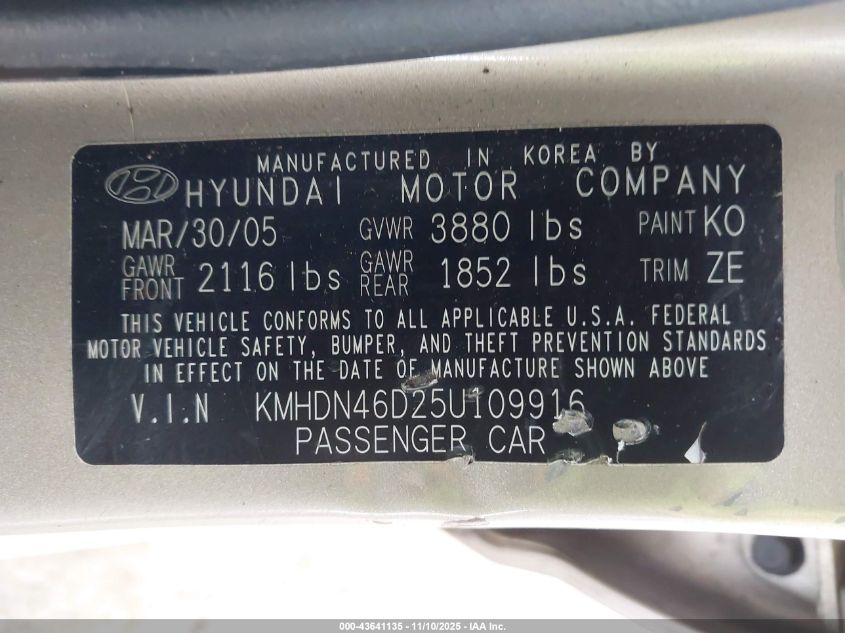 2005 Hyundai Elantra Gls/Gt VIN: 0KMHDN46D25U10991 Lot: 43641135