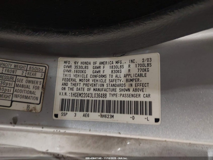 2003 Honda Civic Ex VIN: 1HGEM22043L036488 Lot: 43641148