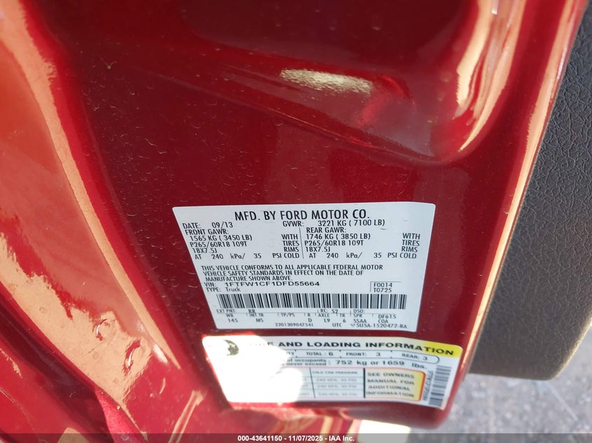 2013 FORD F-150 XLT 1FTFW1CF1DFD55664