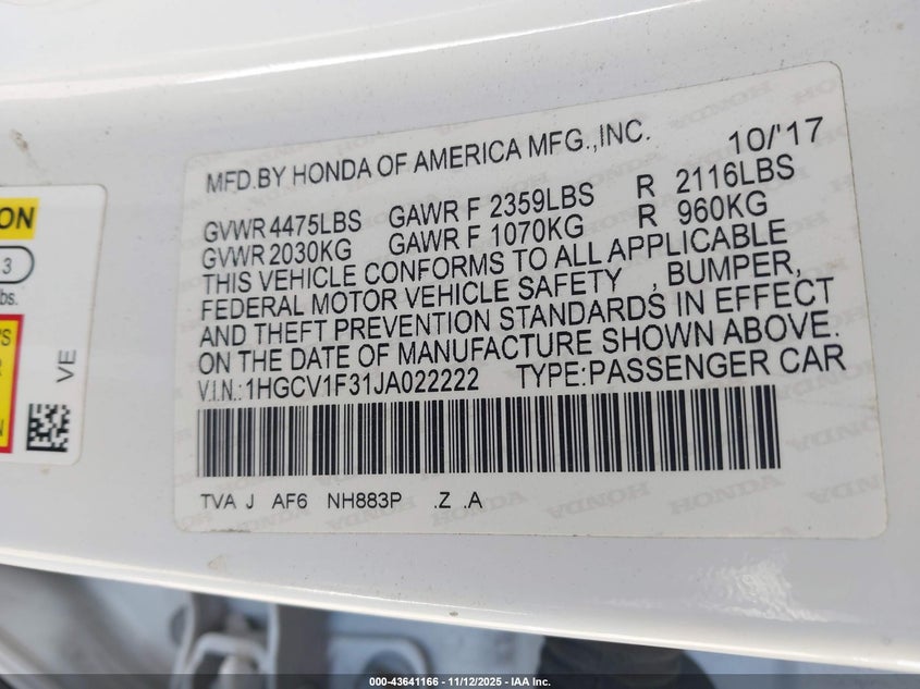 2018 HONDA ACCORD SPORT 1HGCV1F31JA022222