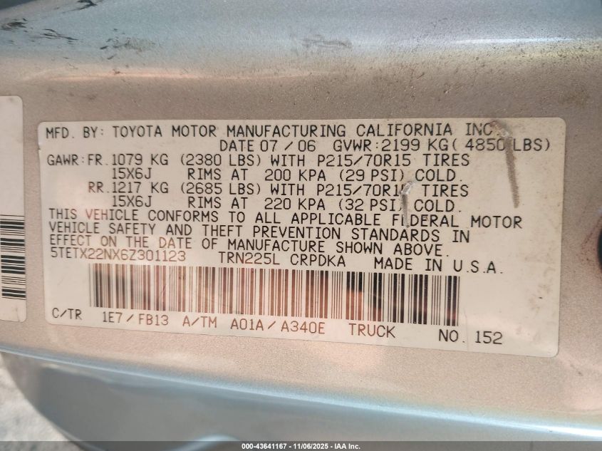 2006 Toyota Tacoma VIN: 5TETX22NX6Z301123 Lot: 43641167