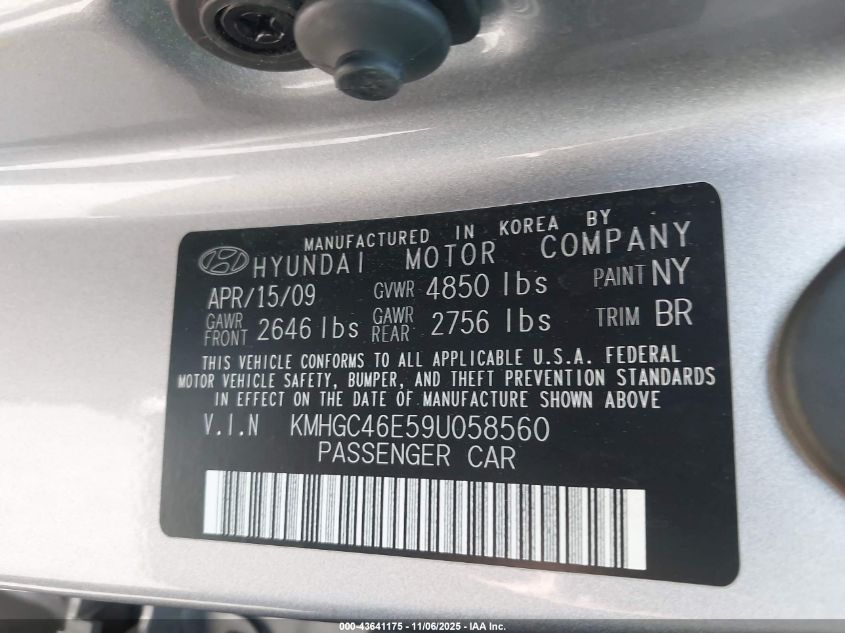 2009 Hyundai Genesis 3.8 VIN: KMHGC46E59U058560 Lot: 43641175