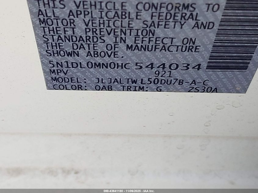 2017 Infiniti Qx60 VIN: 5N1DL0MN0HC544034 Lot: 43641180