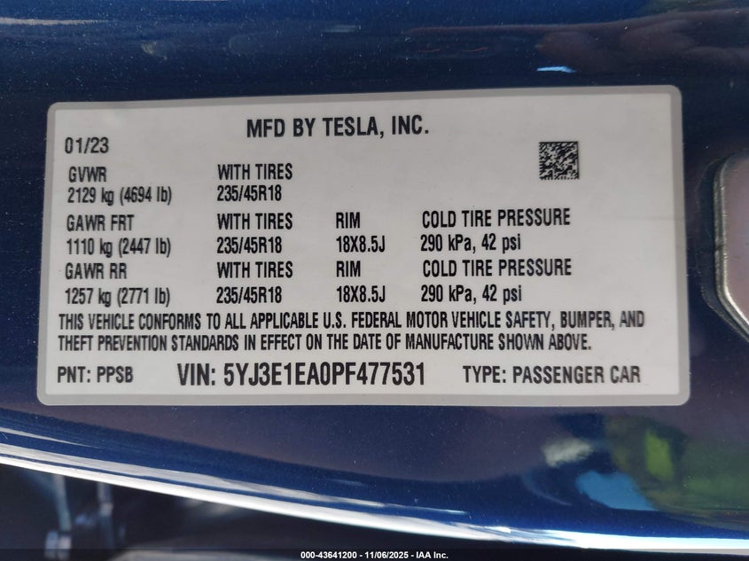 2023 Tesla Model 3 Rear-Wheel Drive VIN: 5YJ3E1EA0PF477531 Lot: 43641200