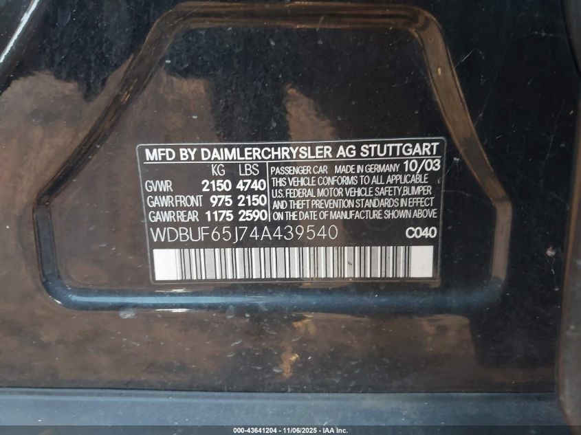 2004 Mercedes-Benz E 320 VIN: WDBUF65J74A439540 Lot: 43641204