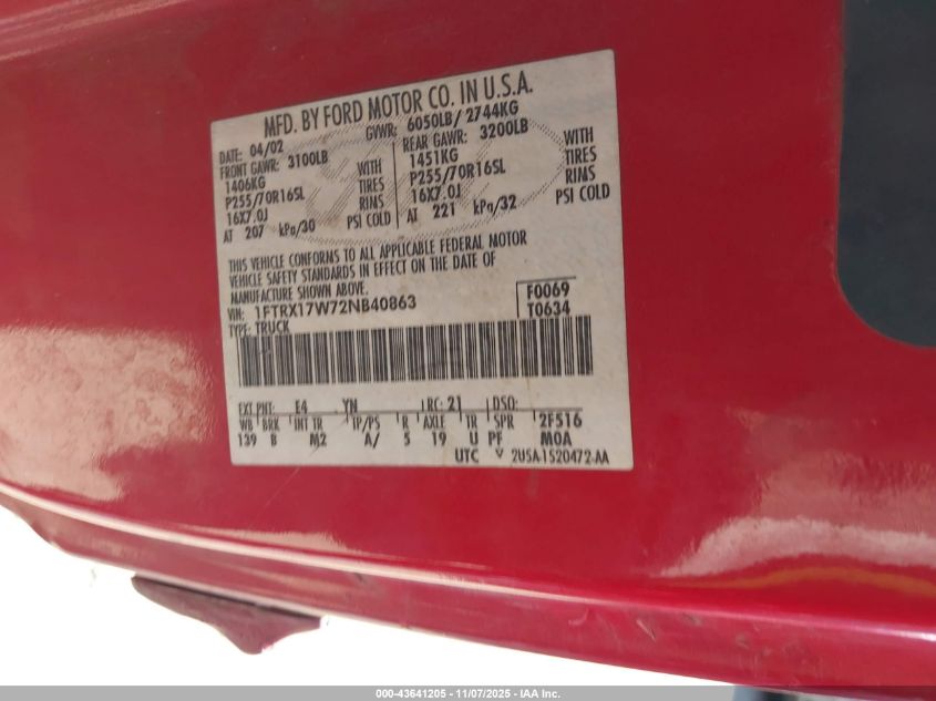 2002 Ford F-150 Lariat/Xl/Xlt VIN: 1FTRX17W72NB40863 Lot: 43641205