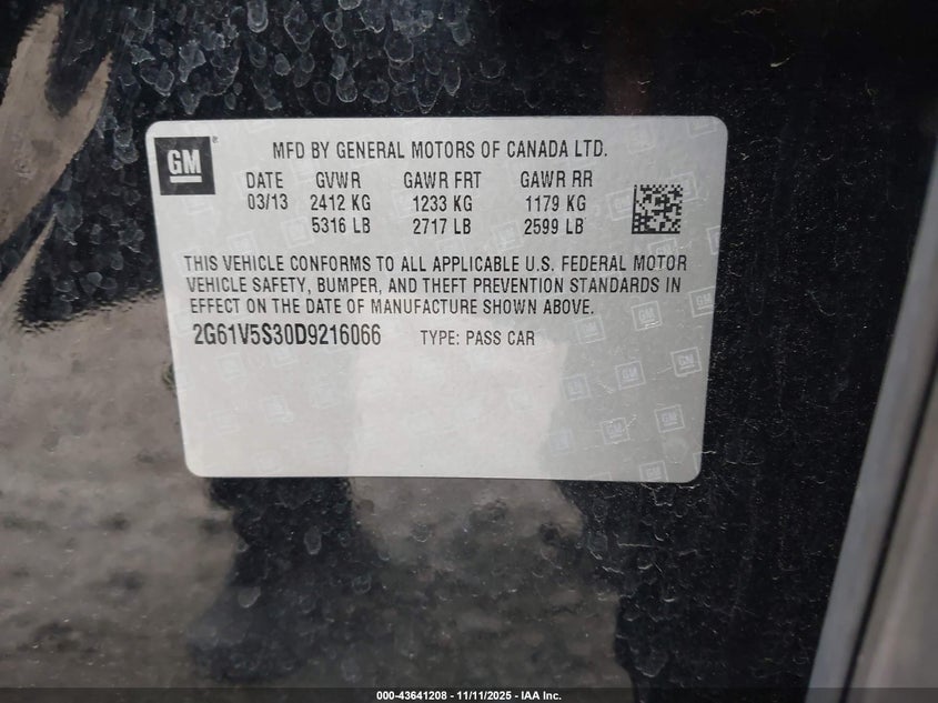 2013 Cadillac Xts Platinum VIN: 2G61V5S30D9216066 Lot: 43641208