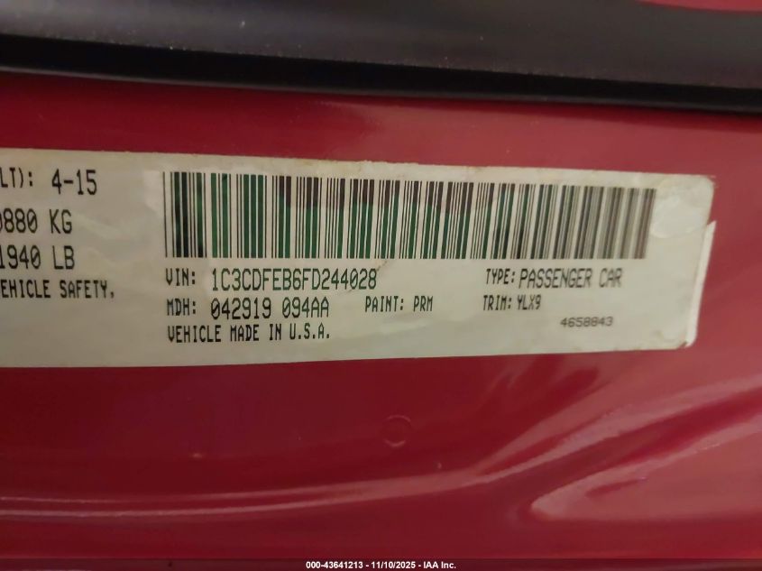 2015 Dodge Dart Gt VIN: 1C3CDFEB6FD244028 Lot: 43641213