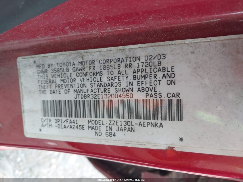 2003 Toyota Corolla Le VIN: JTDBR32E132004950 Lot: 43641217