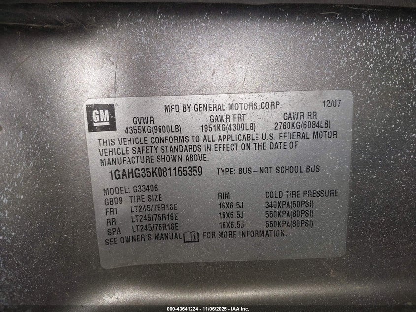 2008 Chevrolet Express Ls VIN: 1GAHG35K081165359 Lot: 43641224
