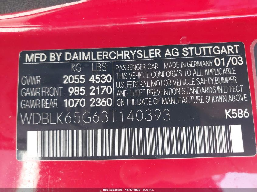 2003 Mercedes-Benz Clk 320 VIN: WDBLK65G63T140393 Lot: 43641225