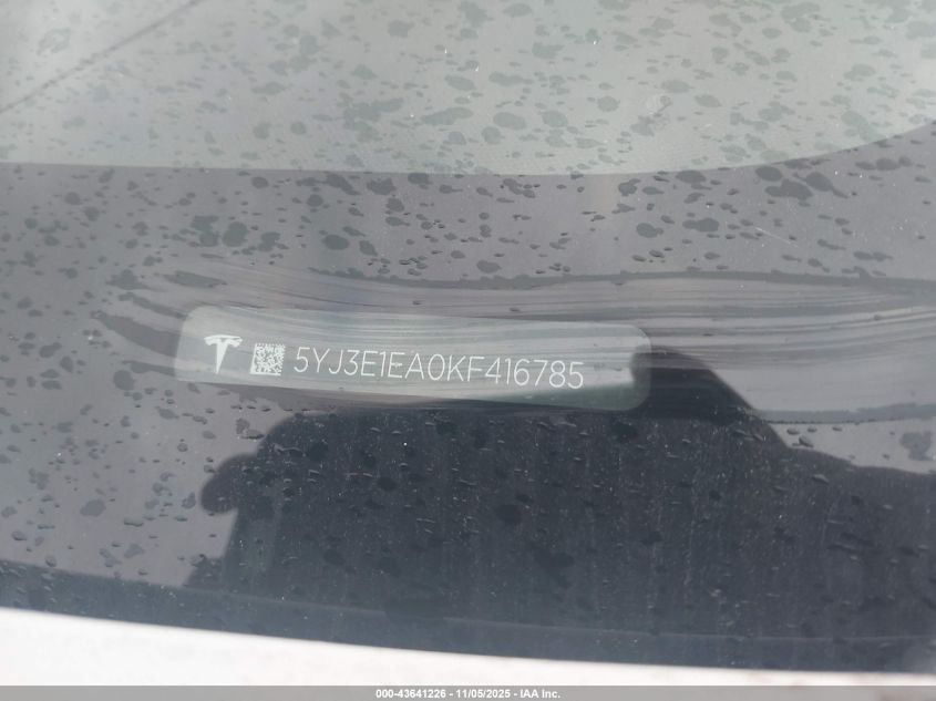 2019 Tesla Model 3 Long Range/Mid Range/Standard Range/Standard Range Plus VIN: 5YJ3E1EA0KF416785 Lot: 43641226