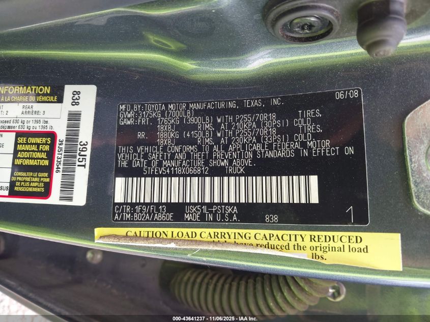 2008 Toyota Tundra Sr5 5.7L V8 VIN: 5TFEV54118X066812 Lot: 43641237