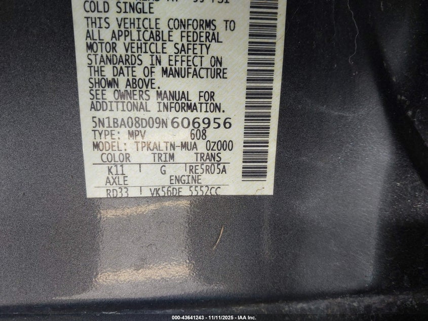 2009 Nissan Armada Se VIN: 5N1BA08D09N606956 Lot: 43641243
