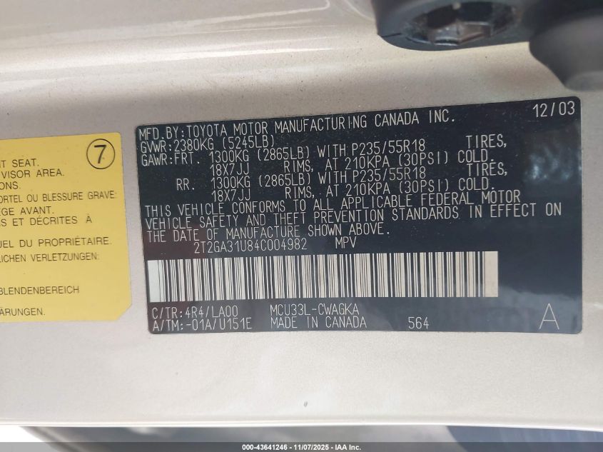 2004 Lexus Rx 330 VIN: 2T2GA31U84C004982 Lot: 43641246