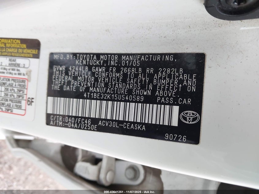 4T1BE32K15U540589 2005 TOYOTA CAMRY photo no. 9