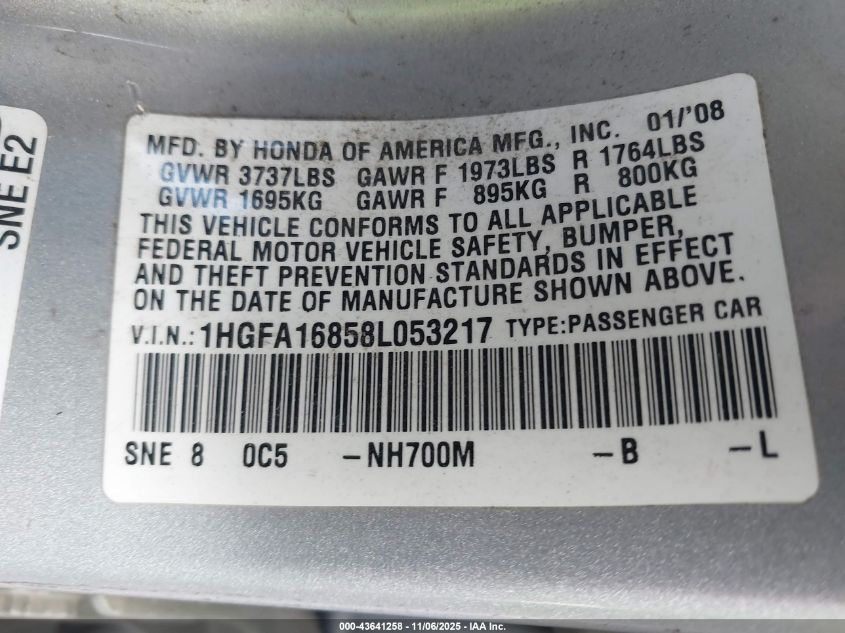 2008 Honda Civic Ex VIN: 1HGFA16858L053217 Lot: 43641258