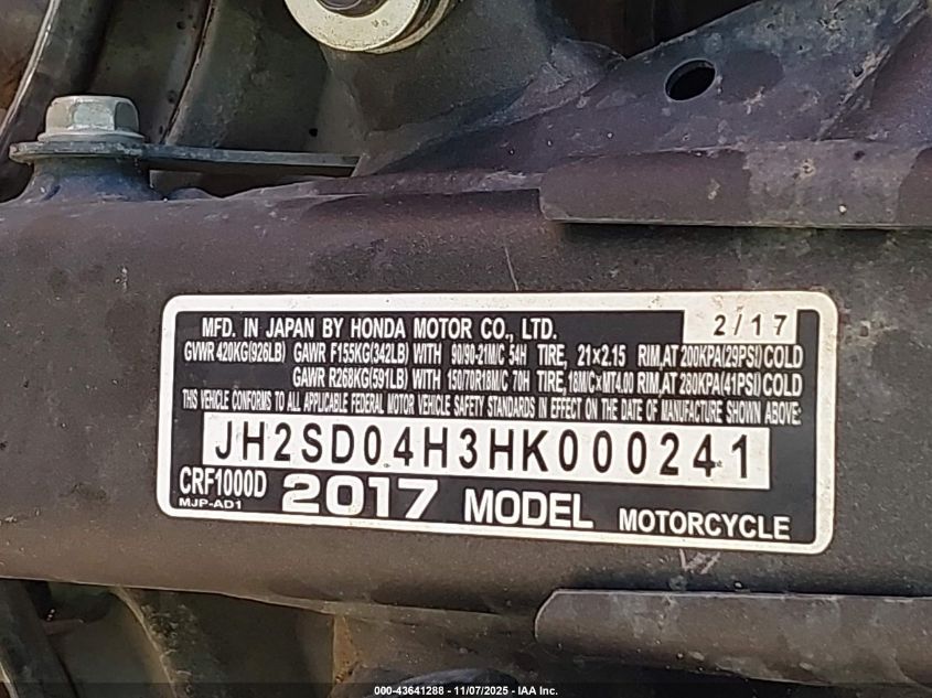 2017 Honda Crf1000 VIN: JH2SD04H3HK000241 Lot: 43641288