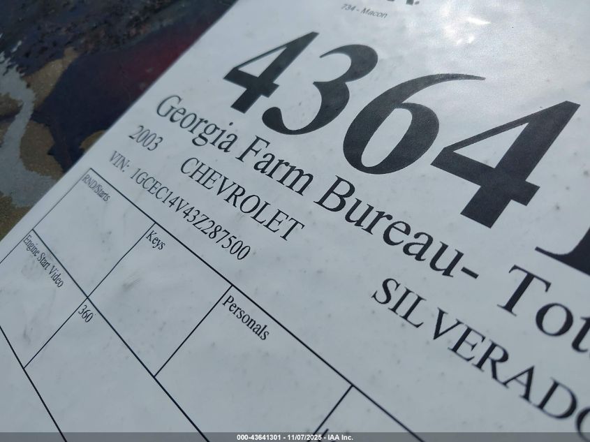 2003 Chevrolet Silverado 1500 Ls VIN: 1GCEC14V43Z287500 Lot: 43641301