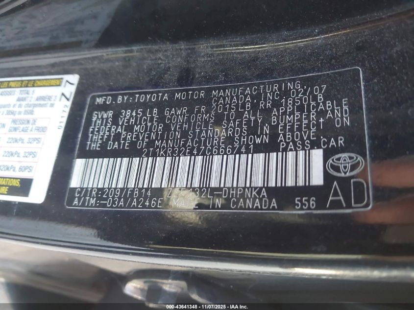 2007 Toyota Matrix Xr VIN: 2T1KR32E47C666741 Lot: 43641348