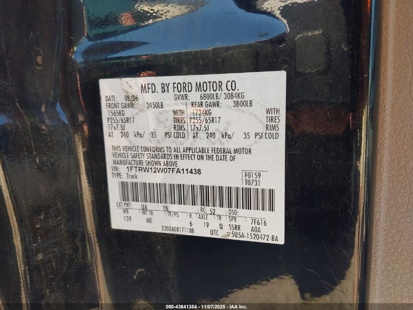 2007 Ford F-150 Xlt VIN: 1FTRW12W07FA11438 Lot: 43641354