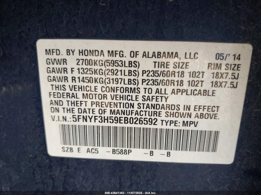 2014 HONDA PILOT EX-L - 5FNYF3H59EB026592