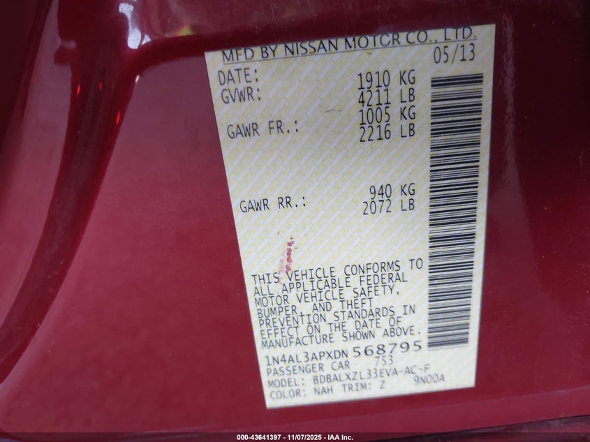 2013 NISSAN ALTIMA 2.5 SL - 1N4AL3APXDN568795