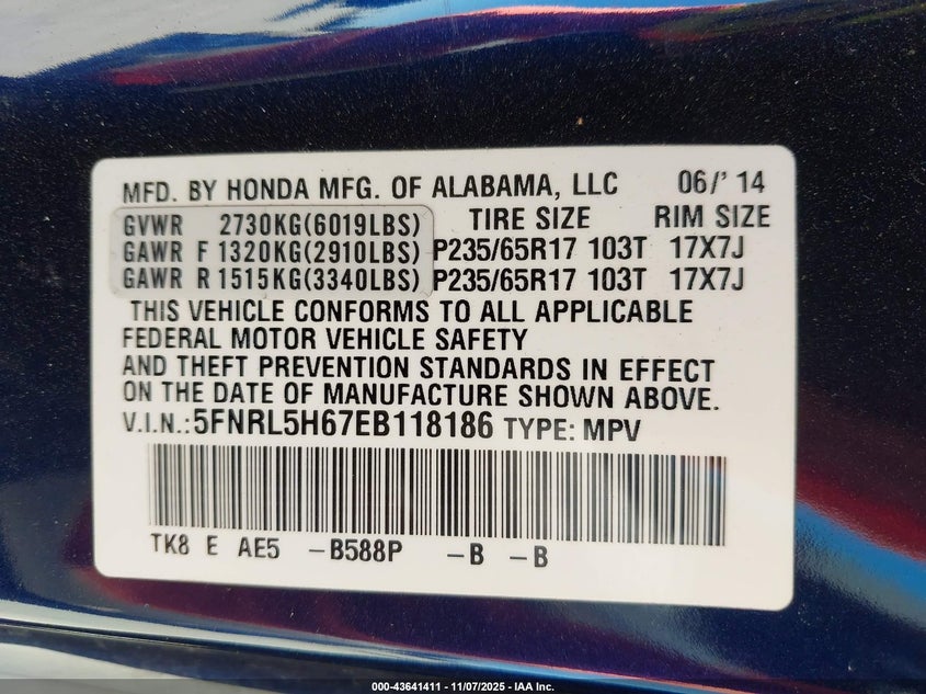 2014 HONDA ODYSSEY EX-L - 5FNRL5H67EB118186