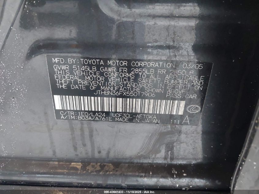 2005 Lexus Ls 430 VIN: JTHBN36FX55017906 Lot: 43641433