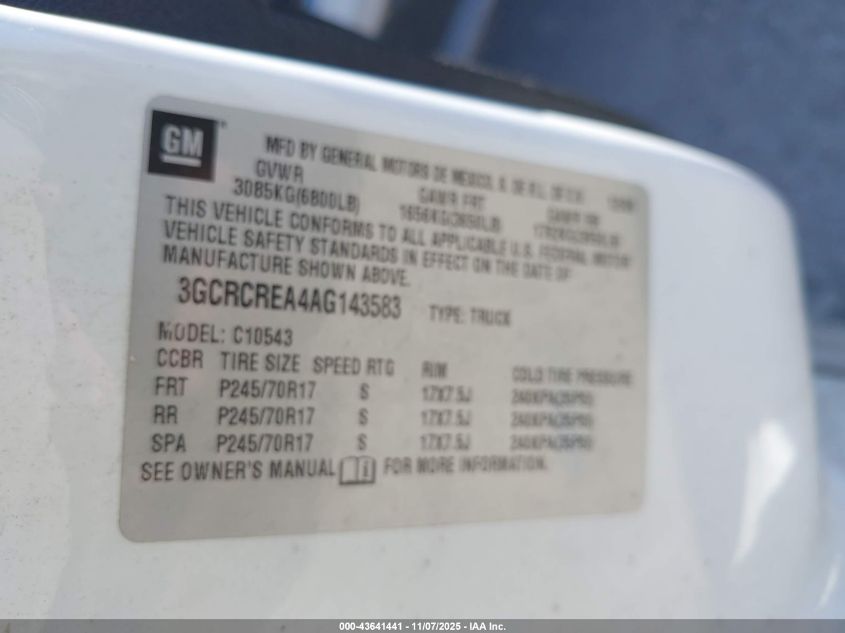 2010 Chevrolet Silverado 1500 Ls VIN: 3GCRCREA4AG143583 Lot: 43641441
