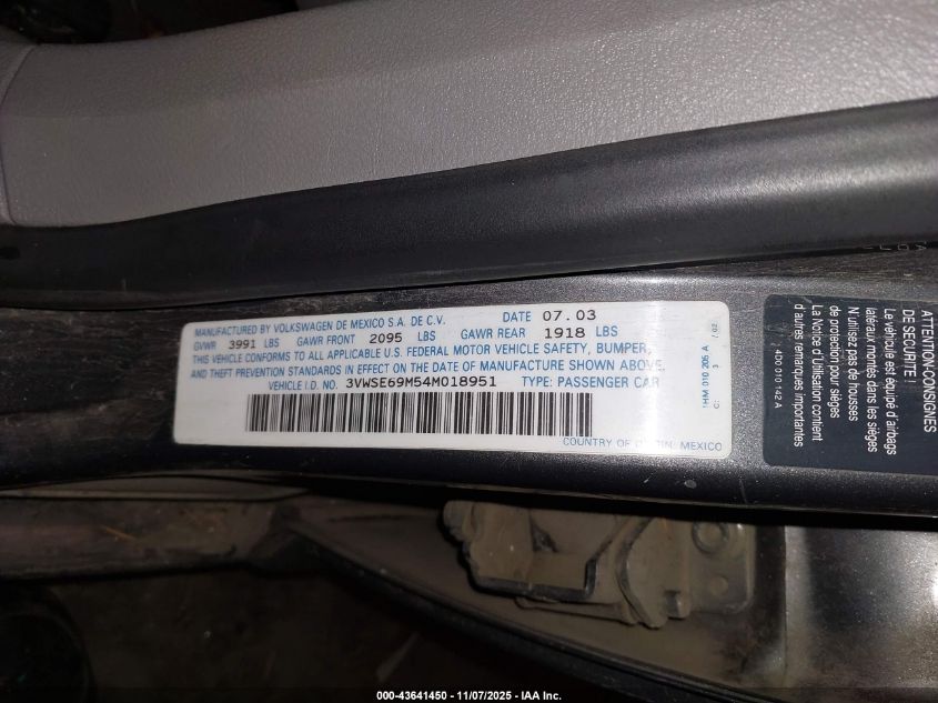 2004 Volkswagen Jetta Gls 1.8T VIN: 3VWSE69M54M018951 Lot: 43641450