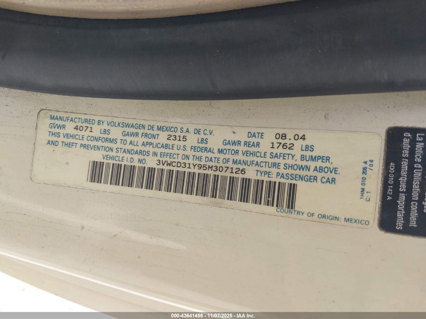 2005 Volkswagen New Beetle Gls 1.8T VIN: 3VWCD31Y95M307126 Lot: 43641456