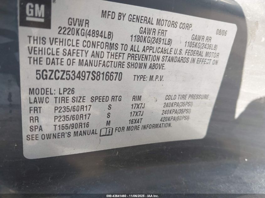 2007 Saturn Vue V6 VIN: 5GZCZ53497S816670 Lot: 43641460