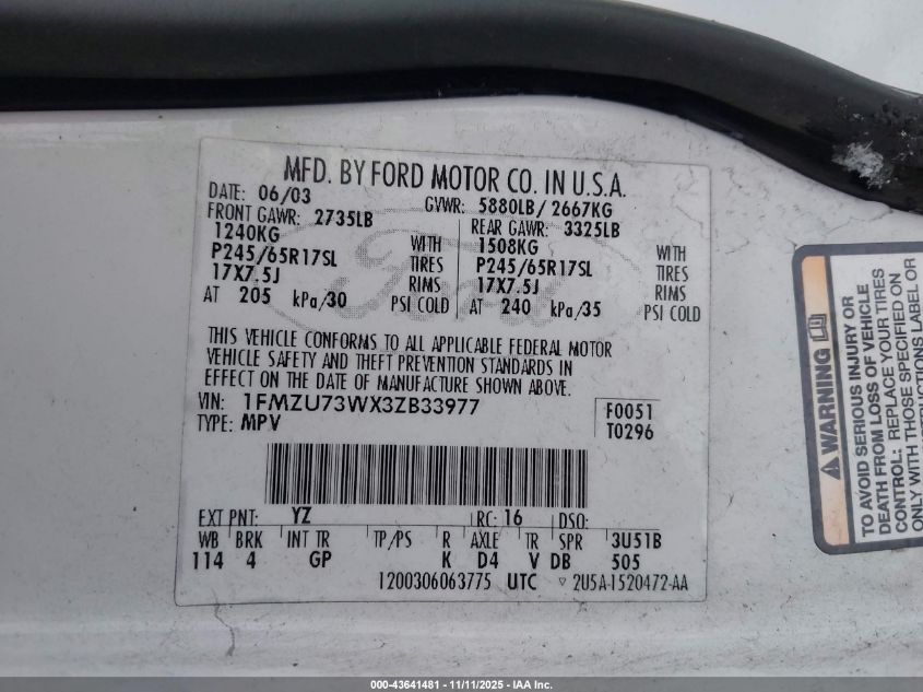 2003 Ford Explorer Nbx/Xlt VIN: 1FMZU73WX3ZB33977 Lot: 43641481