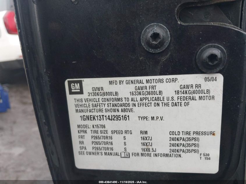 2004 Chevrolet Tahoe Lt VIN: 1GNEK13T14J295161 Lot: 43641490