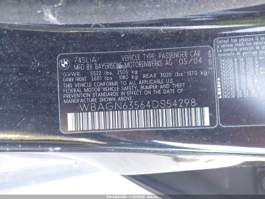 2004 BMW 745Li VIN: WBAGN63564DS54298 Lot: 43641492