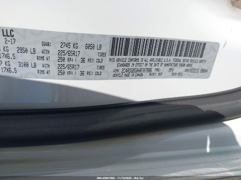 2017 Dodge Grand Caravan Se VIN: 2C4RDGBG0HR707986 Lot: 43641500